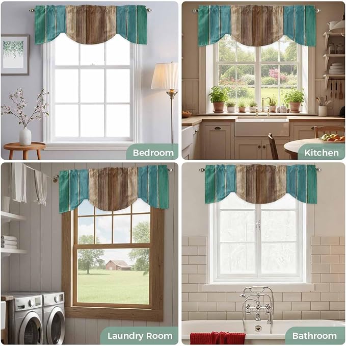 Teal Blue Brown Tie Up Valance Curtains