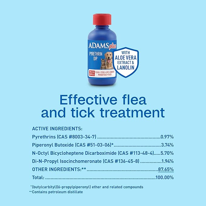 ADAMS Plus Pyrethrin Flea Dip for Dogs and Cats, Kills and Repels Fleas, Ticks, Lice, Gnats, Mosquitoes and Flies, for Dogs, Cats, Puppies, & Kittens, 4 Fl oz