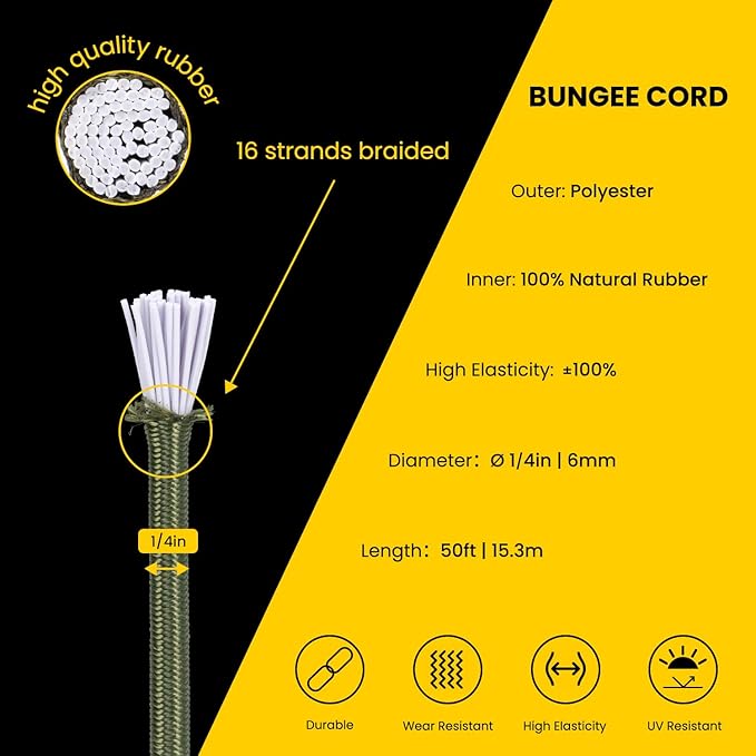 Bungee Cord Elastic Shock Cord 1/4" x 50' Bungee Rope for DIY, Tie Downs, Kayak and Outdoor - Army Green