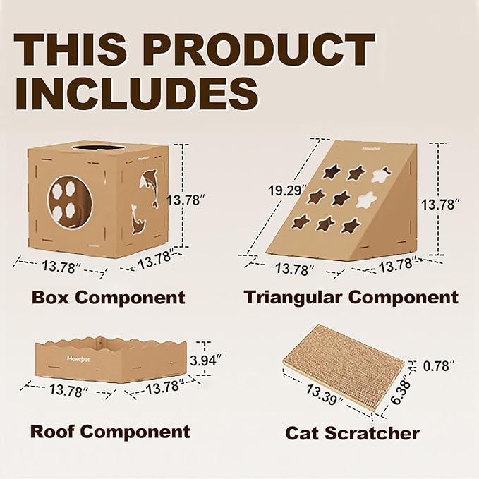 DIY Cat Scratcher Cardboard House, Clawsable Cat Play House, a Versatile Box, Indoor Kitty Scratcher Hideout for One or More Cats Brown, Cat Tower Castle Tunnel 10 Parts