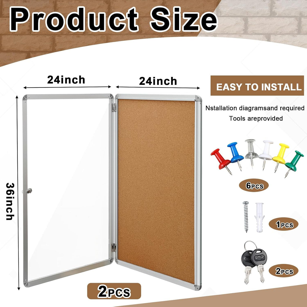 Blulu 2 Set 24 x 36 Inch Enclosed Bulletin Boards Lockable Noticeboard Windproof Outdoor Cork Display Wall Case with Locking Door for School Office Notices(Burlywood)