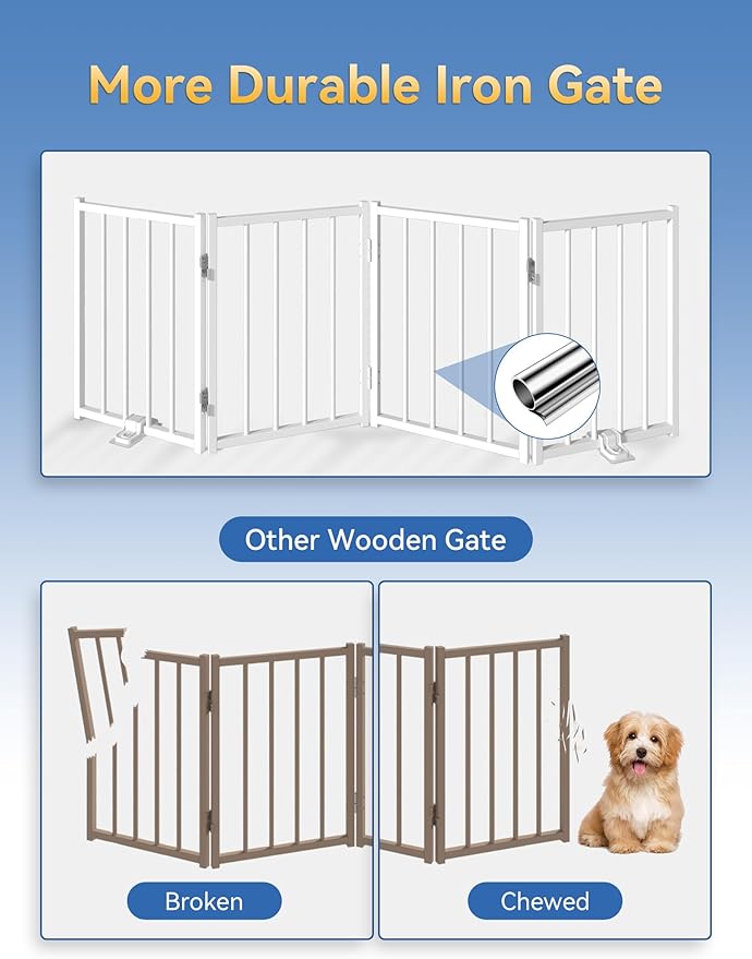 BFNN Free Standing Foldable Dog Gate, 16.5" High Step-Over Metal Short Pet Gate, Up to 72" Wide Puppy Fence for Stairs and Doorways, Indoor & Outdoor Use, No Drilling and No Assembly, White