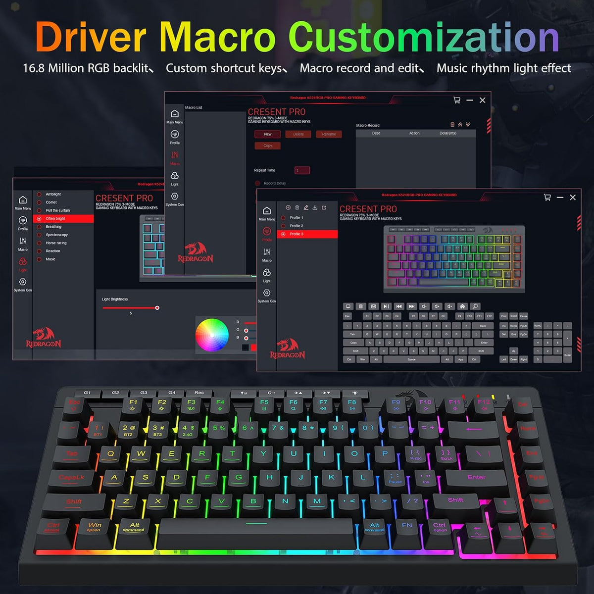 Redragon Wireless Gaming Keyboard, RGB Backlit, Portable 75% Design, Black