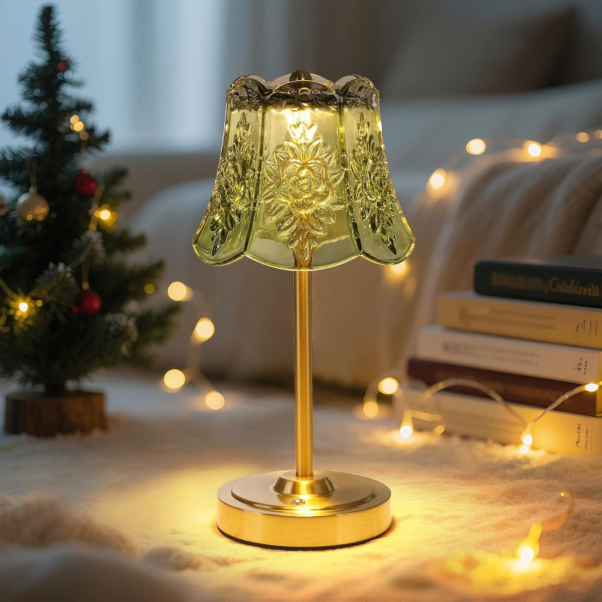 Shenmoyl Cordless Touch Table Lamp with 5200mAh Battery - 3 Adjustable Color Temperatures & Dimmable, Rechargeable Desk Lamp for Bedroom, Living Room, Office, Entryway, Bookshelves (Green Rose)
