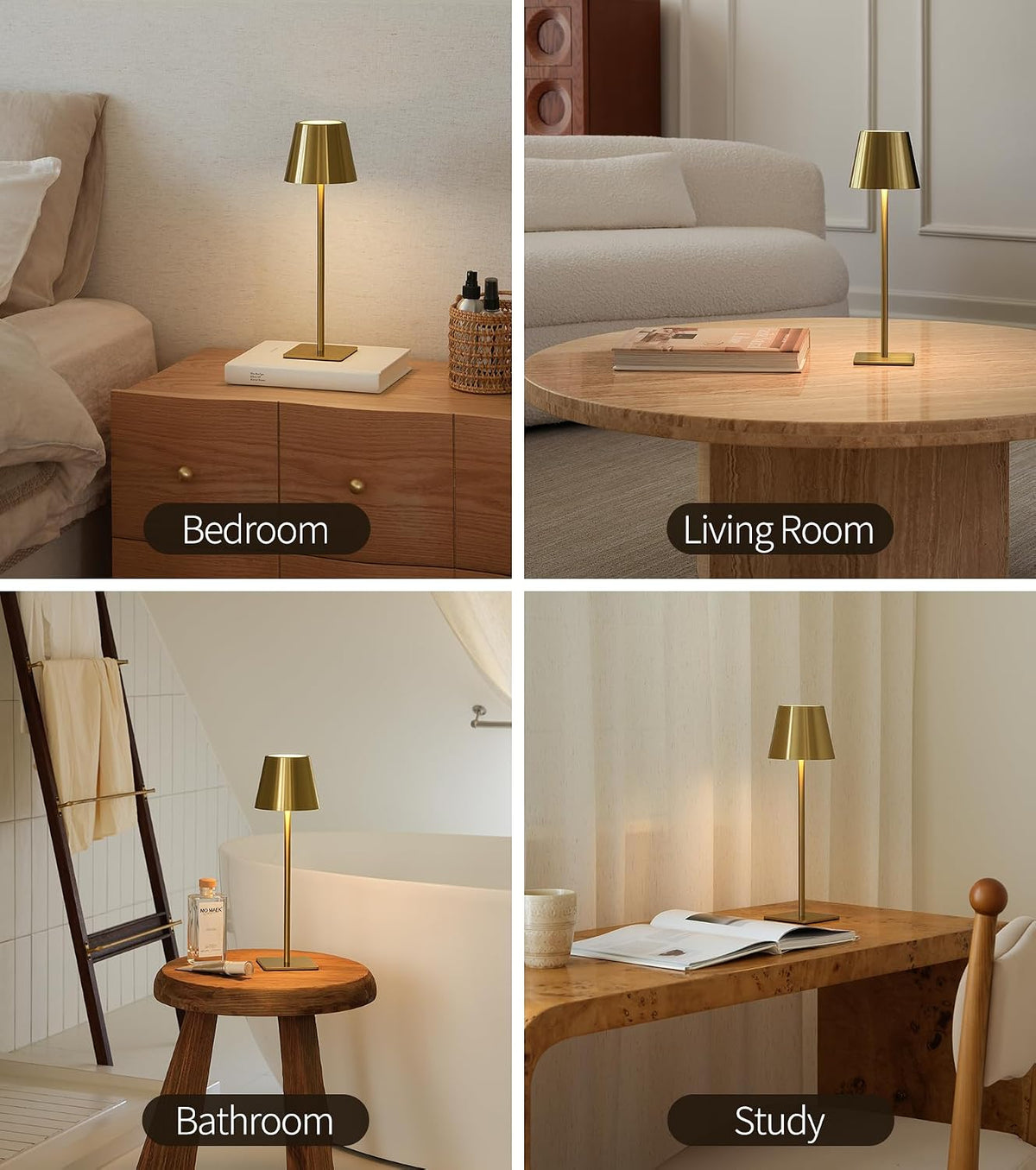 UME 3 Pack Cordless Table Lamp, Battery Operated Lamp - Portable Waterproof Rechargeable Table Lamp w/ 3 Color Temps & Stepless Dimming for Dinner, Desk, Cafe, Outdoor (Brushed Gold)
