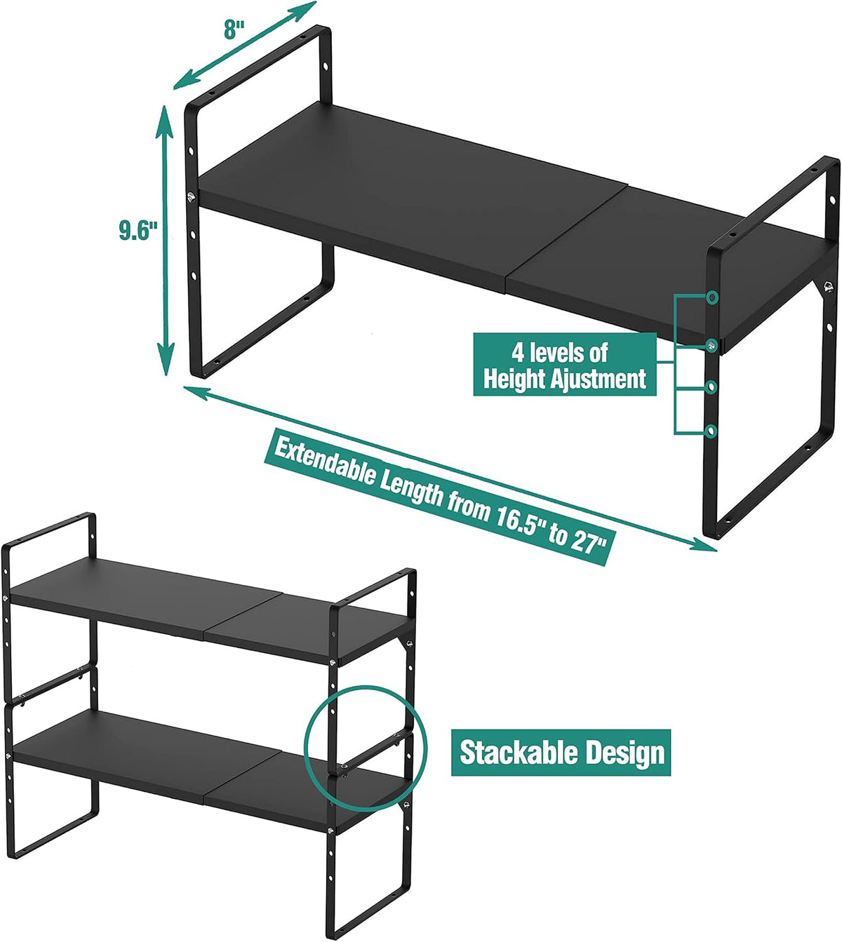 SUZLON Expandable Cabinet Shelf Organizer Rack, Stackable Kitchen Counter Storage Shelves Stand, Adjustable Height Pantry Shelf Spice Rack, Heavy Duty Nonslip Black Small 1Pack