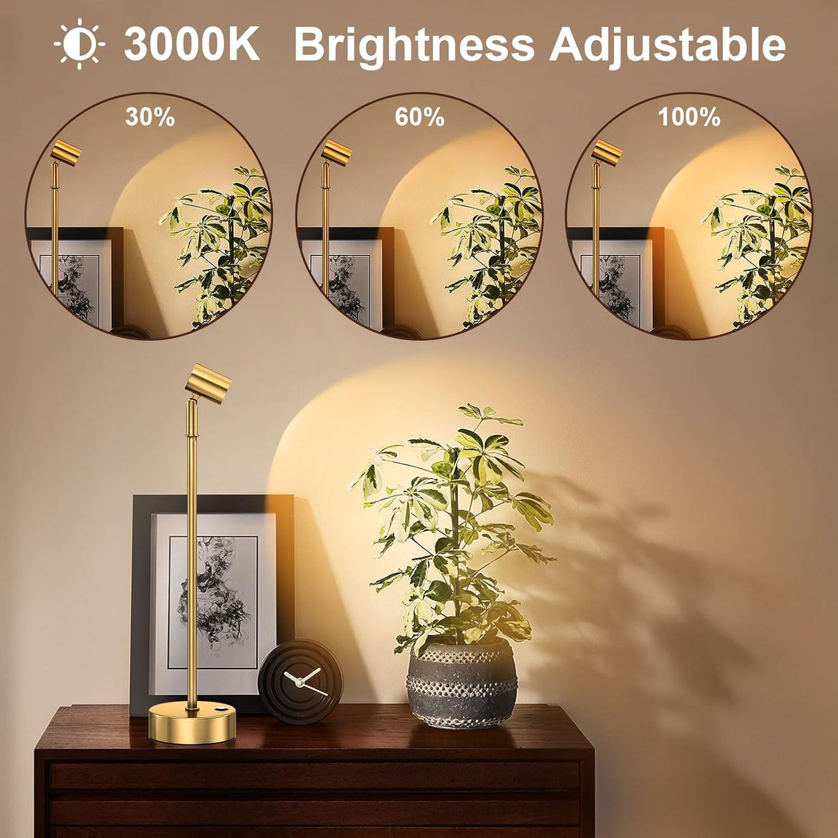 IMAGE Golden Cordless Spotlight High-Power Adjustable Table Accent Light for Plants, Artwork, Jewelry Displays, Shelves, and Cabinet, Warm White Wireless, USB Type-C, for Home, Restaurant, and Bar