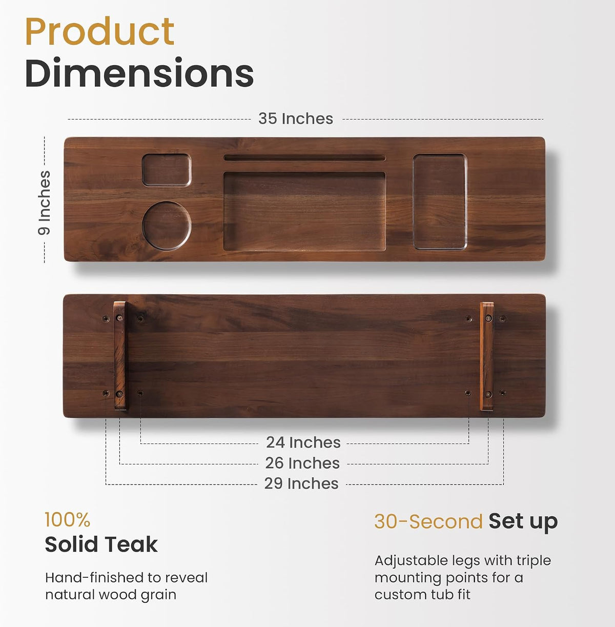 35 Inch Teak Bathtub Tray for Freestanding Tubs, Luxury Bath Caddy