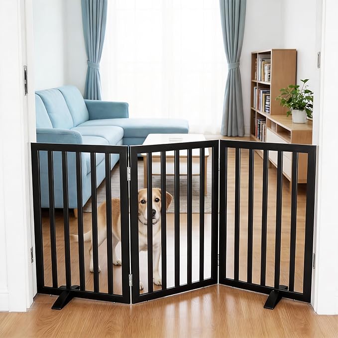 Dog Gate Indoor, Freestanding Dog Fence for The House, Doorways, Hallways,or Stairs,Pet Gate Foldable Wooden,Expandable 32" Height 3 Panels,Black