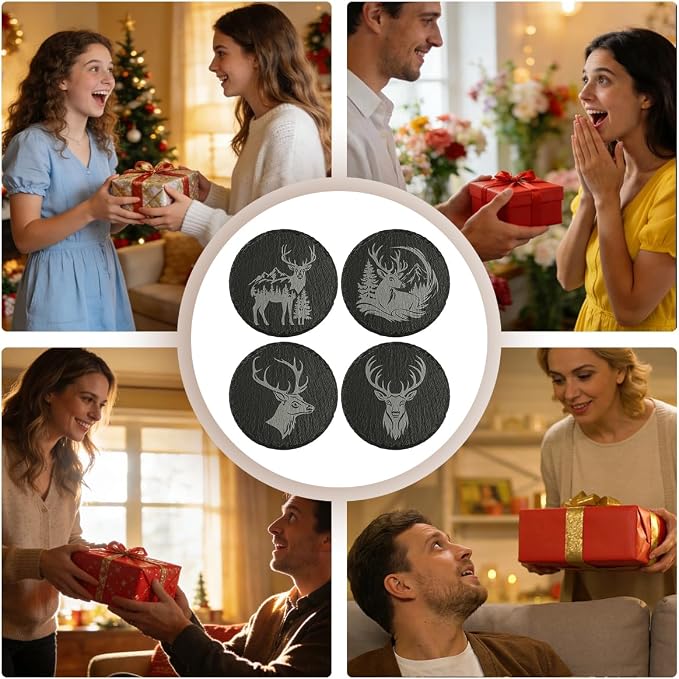 4Pcs Slate Coasters with Deer Pattern, Round 3.94 inch Cup Mats
