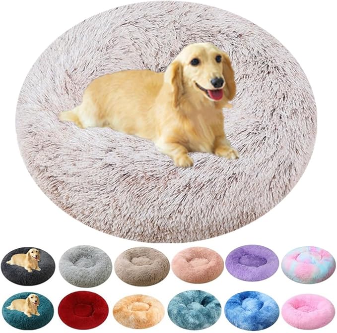 Donut Dog Bed Cat Bed, 20 Inch Round Fluffy Dog Beds for Small Dogs and Cats, Anti-Anxiety Donut Dogs Cuddler Bed, Washable Pet Bed for Medium Cats (Coffee White)