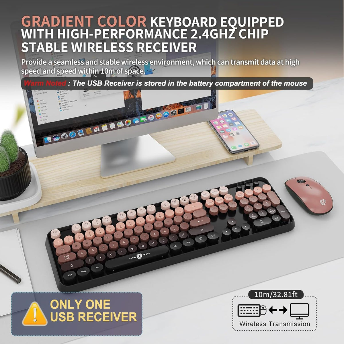 FOPETT Wireless Keyboard and Mouse Combo - 2.4G Full-Sized Cute Colorful Mouse and Keyboard with 104 Round Keys Retro Typewriter Keyboard for Laptop/Windows/PC - Pink Gradient