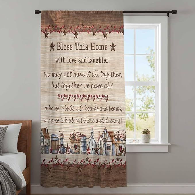 Farmhouse Sheer Curtains 45 Inch Length Brown Country Star Berry Vintage Wood
