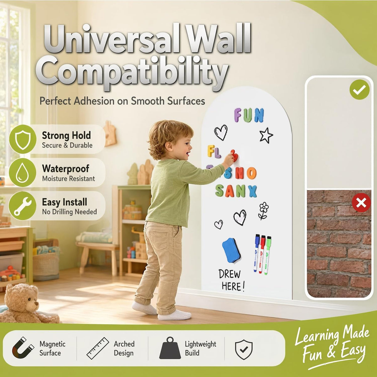 Magnetic Whiteboard Wall Arch Decal 39.3"x17.5" Adhesive Magnetic Dry Erase White Board Sticker with 36 Magnet Letter Removable Contact Paper Peel and Stick Whiteboard Wallpaper Roll