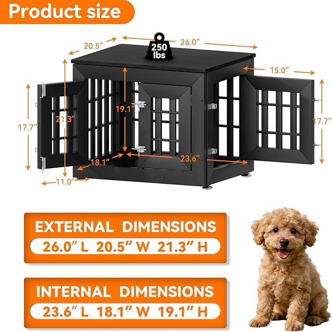 26" Heavy Duty Dog Crate Furniture for Small,Medium and Large Dogs,Rustic Wooden Dog Cage Kennel Indoor Furniture with Waterproof Top,Decorative Pet House Side End Table (Black)
