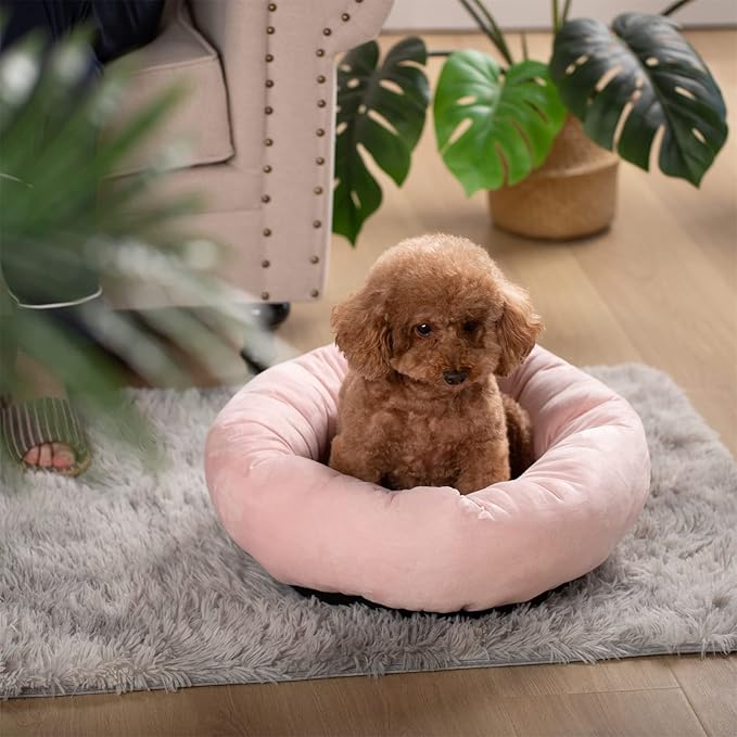 KASENTEX Round Dog Bed for Small Dogs and Puppies - Donut-Shaped, Anti-Slip, Machine Washable Cat Bed (Pink, 20x20 Inches)