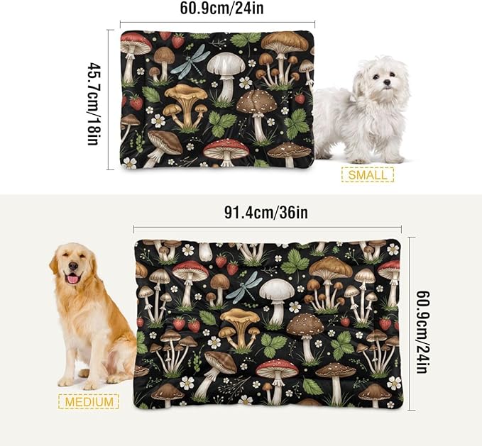 Emelivor Mushrooms Black Dog Cat Bed Washable Crate Pet Bed Anti-Slip Comfortable Puppy Kennel Bed for Indoor Small Medium Large Dogs, 24x18in