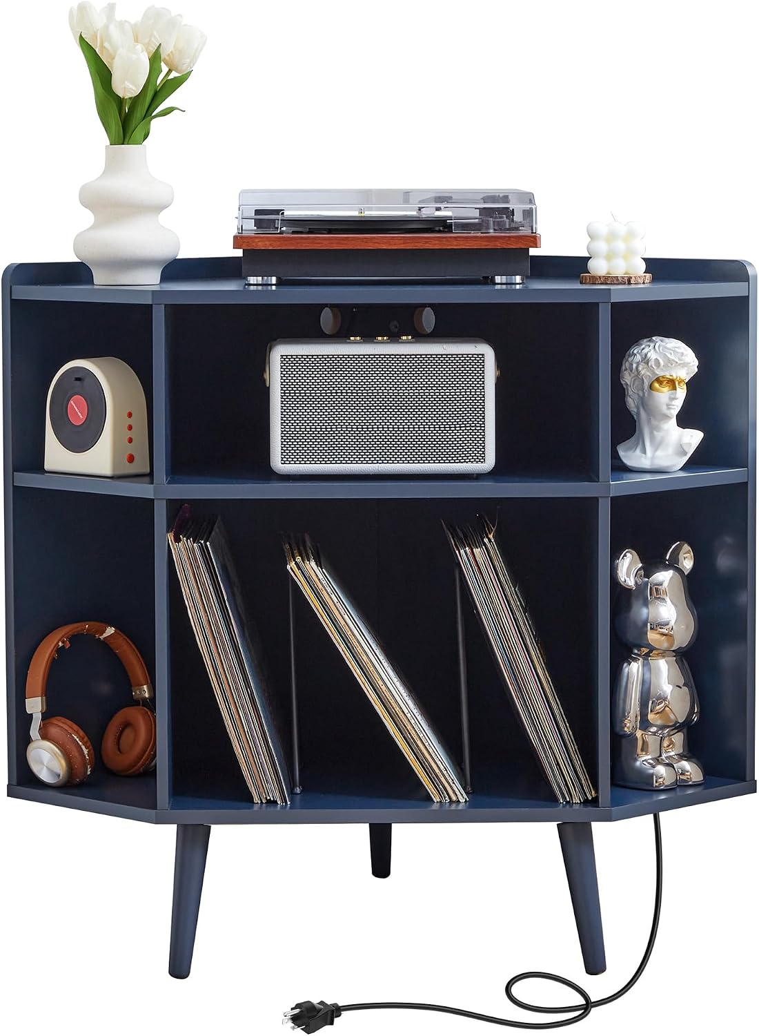 Corner Record Player Stand with Charging Station & USB Ports