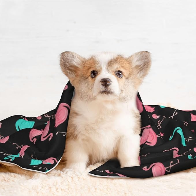 Reversible Plush Pet Blanket for Puppies Kittens, Flamingo Pattern, Double Sided Gentle Dot Texture for New Pets Adjusting to Home Environment Softly