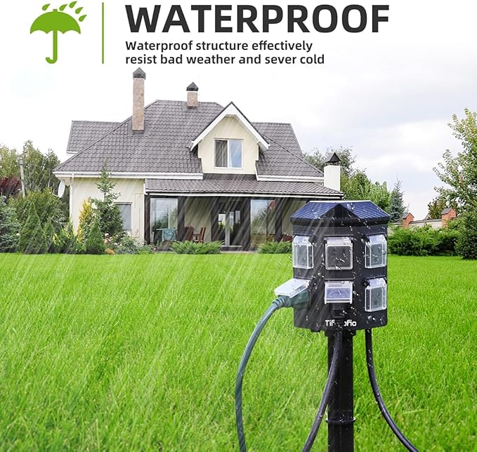 TiFFCOFiO Outdoor Power Strip with Stake Waterproof, 10 FT Extension Cord, 6 Grounded Outlets for Outdoor Lights, 14 AWG, 15A/1875W, ETL Listed (30 FT)