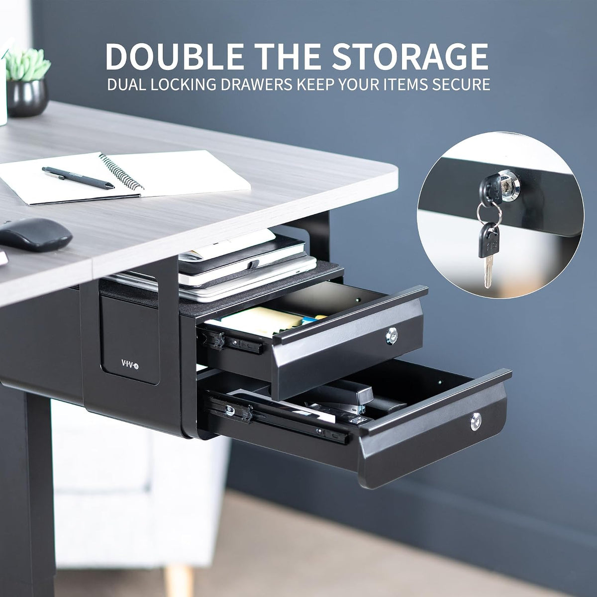 VIVO Black 12 x 14 inch Under Desk Double Stacked Drawers, DESK-AC03L-2B
