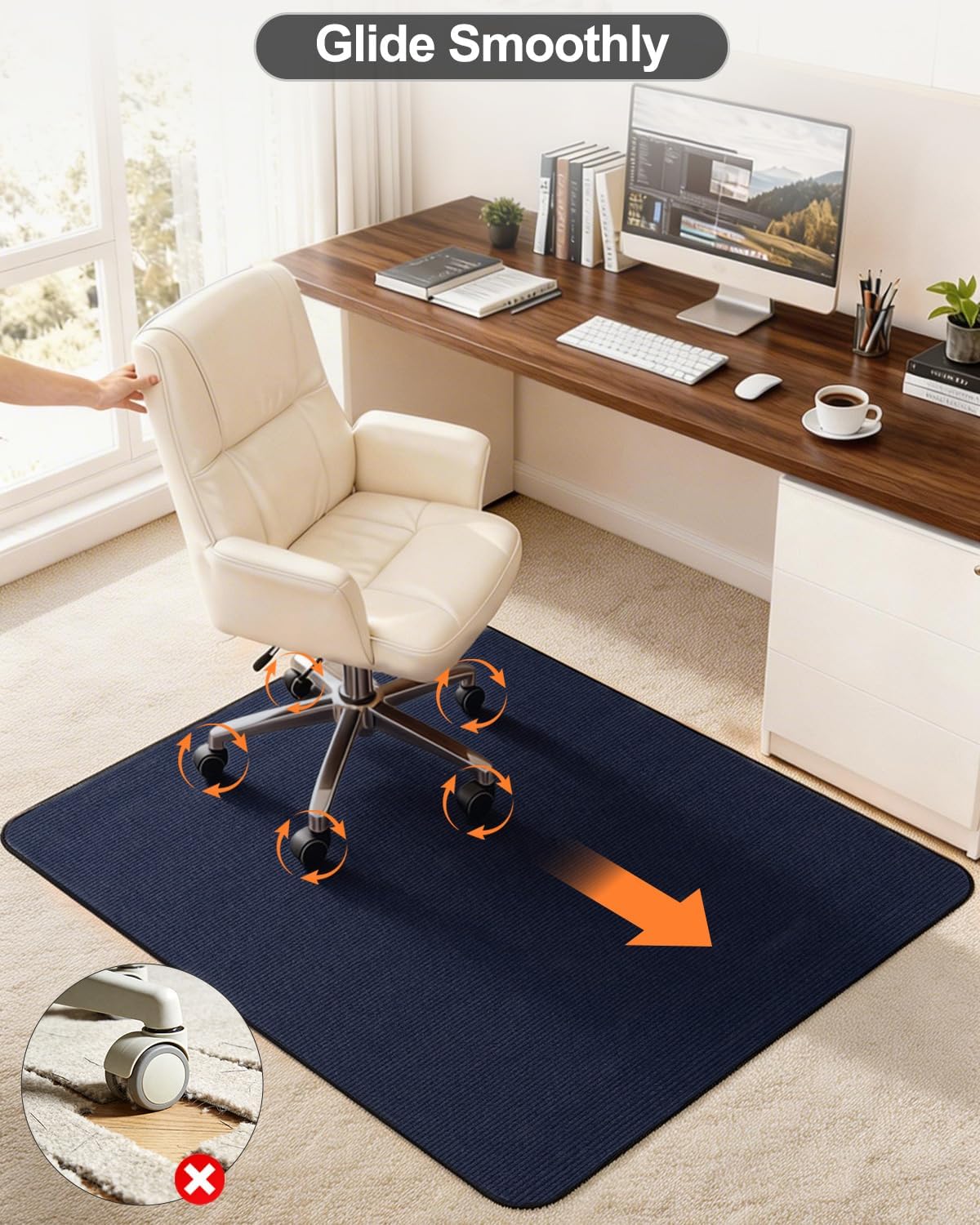 Blvornl Corduroy Office Chair Mat for Hardwood Floor and Low Pile Carpet, 35.4" x 47.3" Non-Slip Desk Rolling Chair Mat for Hard Floors, Heavy Duty Carpeted Floor Protector Rug for Home, Dark Blue