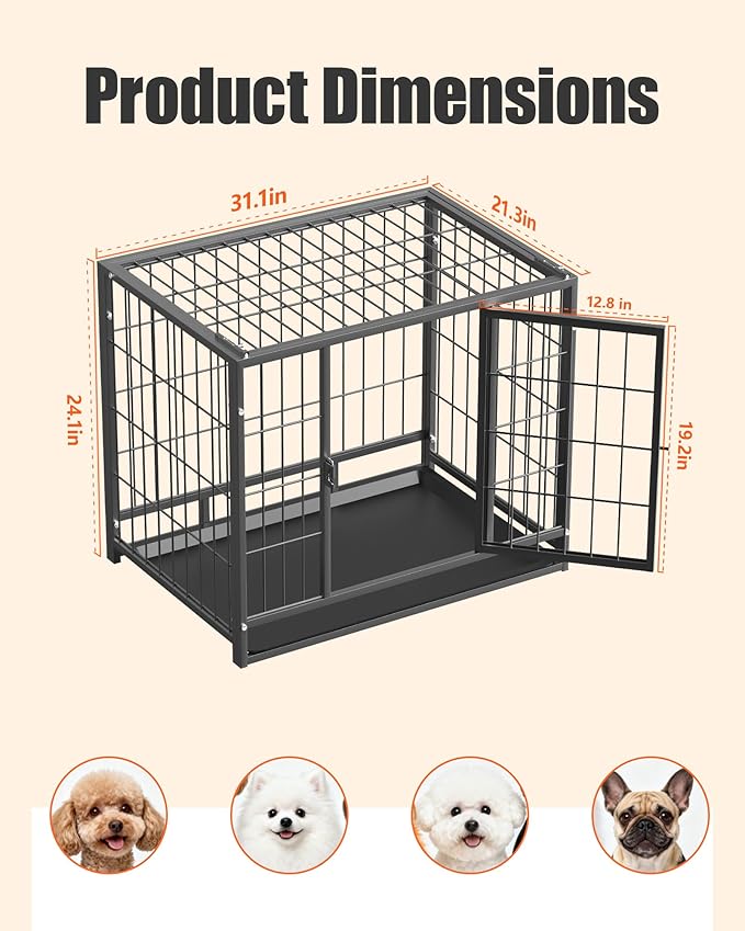 32 Inch Dog Crate, Escape Proof Dog Cage with Dual Door Lock, Removable Tray for Easy Cleaning, Dog Kennel Indoor Outdoor Use