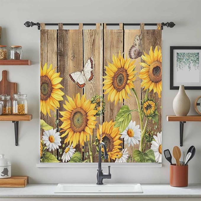 Farmhouse Sunflowers Bathroom Curtains 63 Inch Length, Window Curtains Tab Top