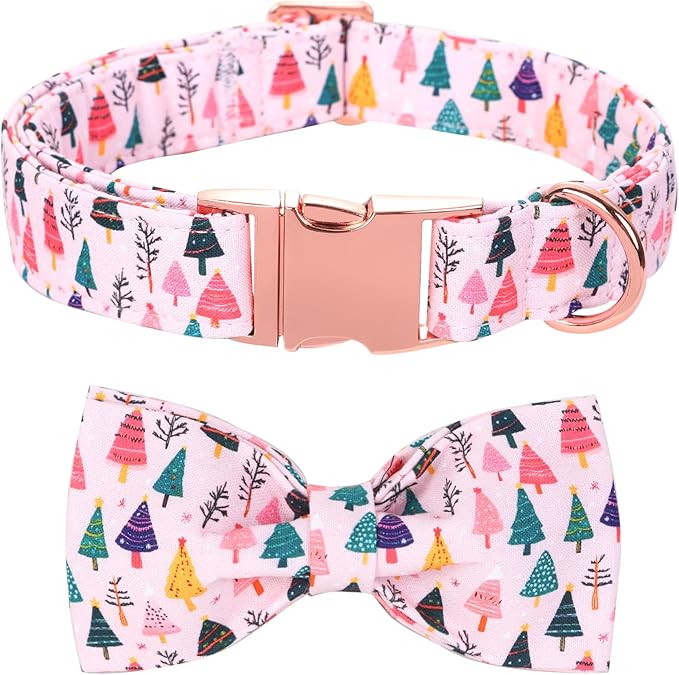 Christmas Dog Collar, Pink Christmas Tree Soft Comfortable Collars with Bow Adjustable Pet Collar with Premium Metal Buckle Puppy Necklace for Small Girl Dogs