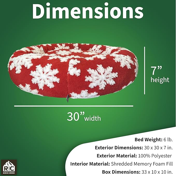 Round Couch Dog Bed for Pets (Snowflake Christmas Edition) Shredded Memory Foam Fill Base with Supportive Rounded Bolsters – Holiday Red/White (30 x 30 inch - Medium)