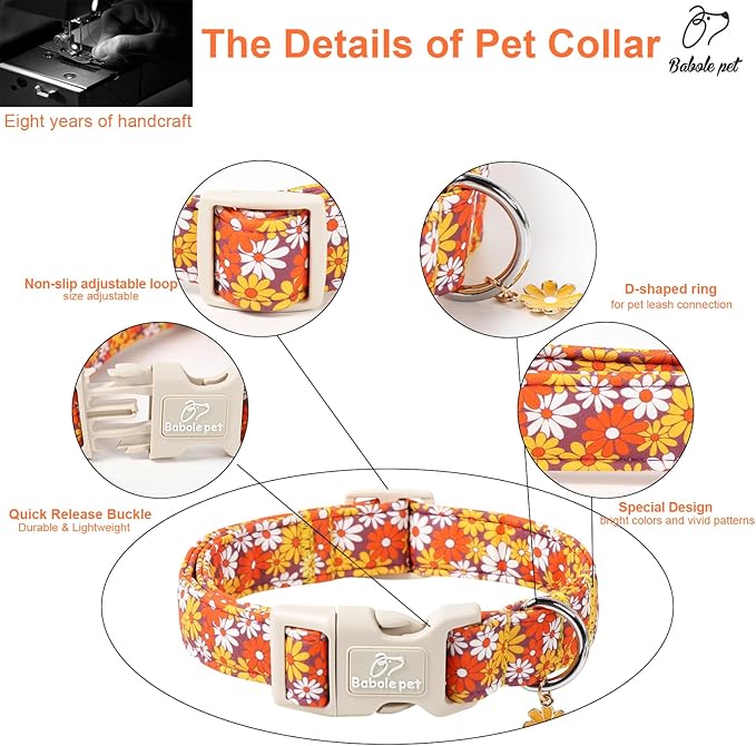 Fall Dog Collar Vintage Daisy Puppy Collar - Hippie Flower Dog Collars Light Comfortable Adjustable Pet Collars for Small Medium Large Girl Boy Dogs XL