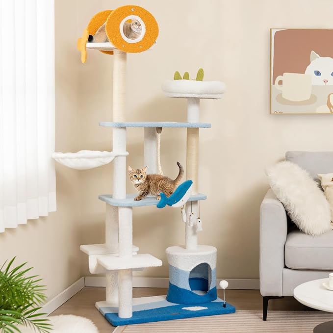 Tangkula Ocean-Themed Cat Tree, 3-Level Cat Tower with Sisal Scratching Posts, Condo, Perch, Hammock, Dangling Toys, Spring Ball, Sisal Rope, Cute Cat Activity Center for Indoor Cats (66 Inch)