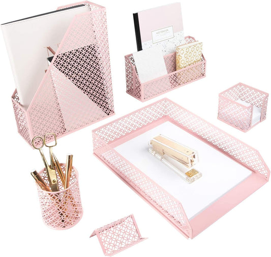BLU MONACO Pink Desk Organizer Set | 6-Piece Metal Desktop Accessories | Mail Sorter Organizer Countertop | Letter Sorter for Desk | Mesh Pen Holder | Home Office or Dorm