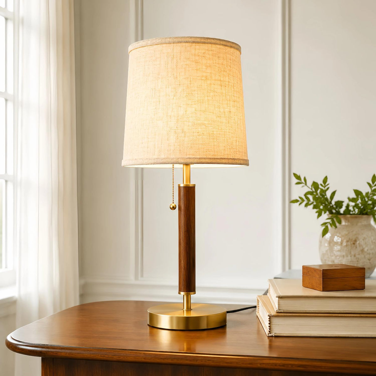 JOOFO Mid Century Wood Table Lamp with Pull Chain, Bedside Lamp