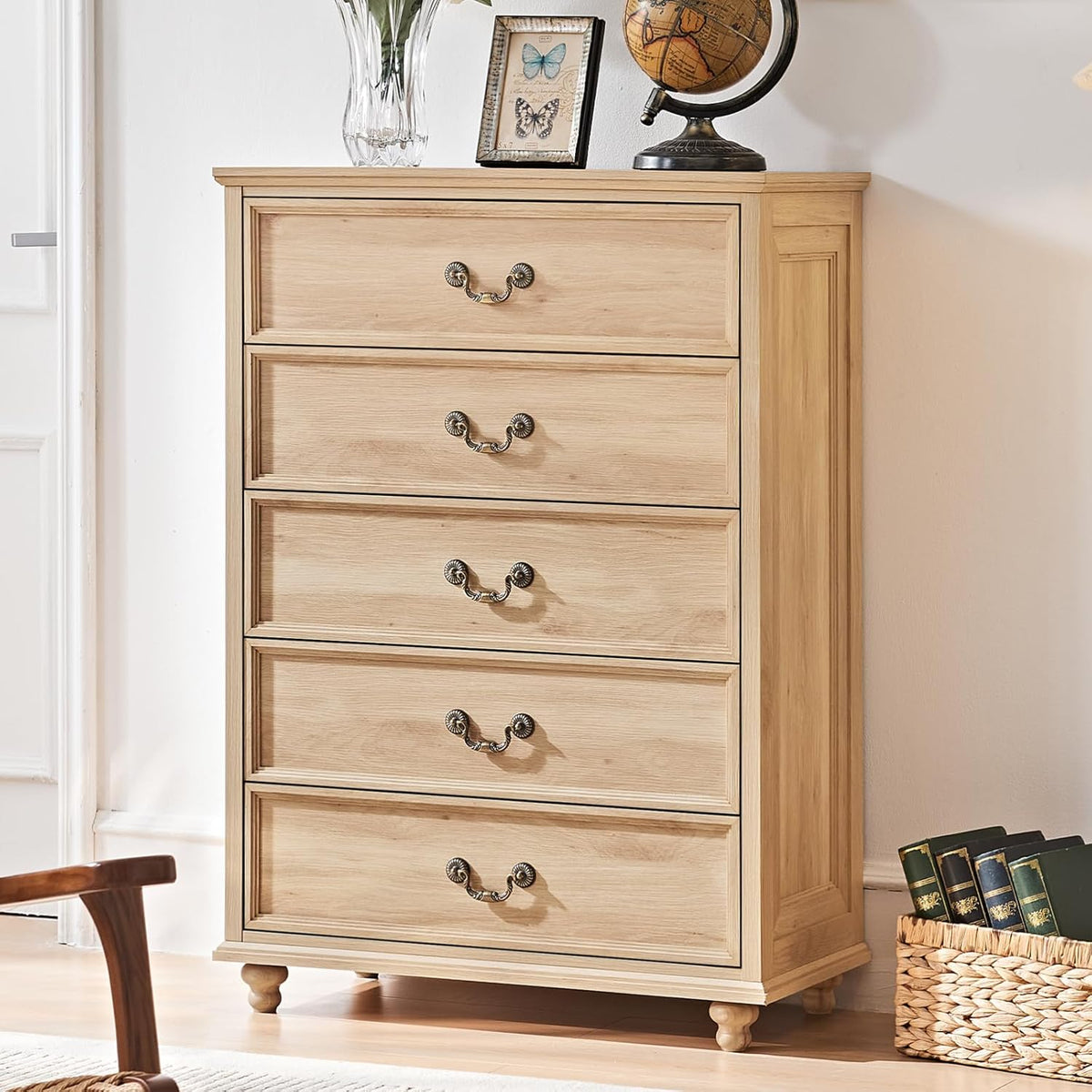 Joaxswe Farmhouse 5 Drawer Dresser for Bedroom, 45" Tall Vinatge Chests of Drawers w/ 4 Solid Gourd Feet, Mid Century Modern Boho Wood Closet Storage Dressers Organizer for Living Room, Natural Oak