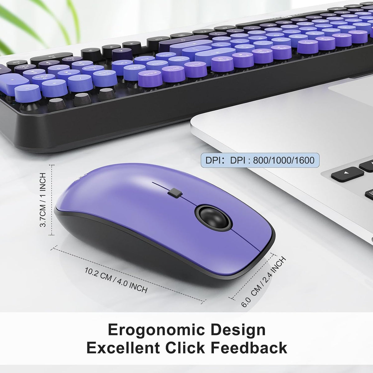 Wireless Keyboard and Mouse Combo, 2.4GHz Retro Typewriter Keyboard with Round Keycaps, Full-Size Creamy Silent Office Set for Desktop Laptop PC Computer (102 Keys Purple Black)