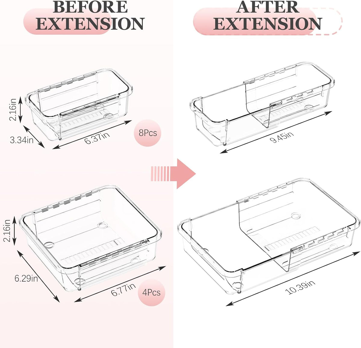 DILIBRA 12 Pcs Clear Extendable Drawer Organizer, Adjustable Drawer Storage
