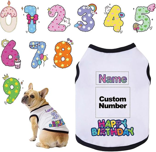 Custom Dog Birthday Shirt,Personalized Pet Apparel Print with Name Age Number,Pet Birthday Outfit,Lightweight Breathable Cotton Vest for Small Medium Large Dogs Cat (White + Black Border, X-Large)