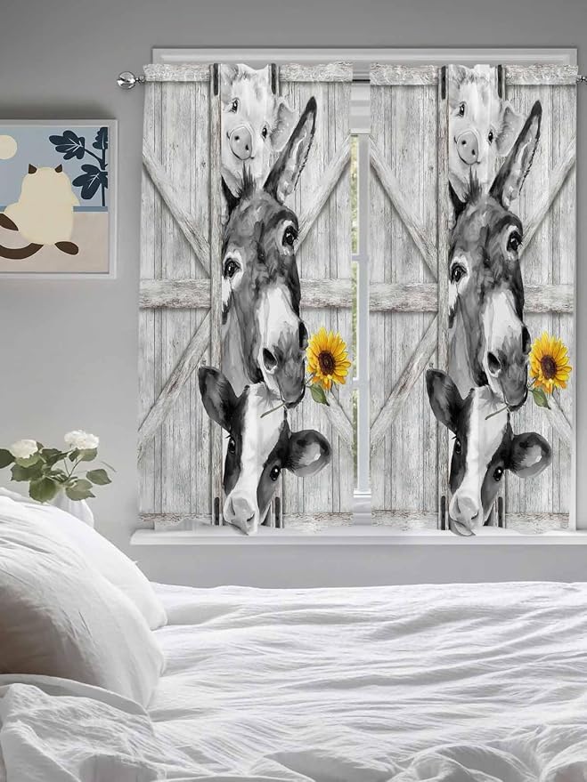 Grey Farmhouse Living Room Curtains 72 Inches Length, Vintage Sunflowers