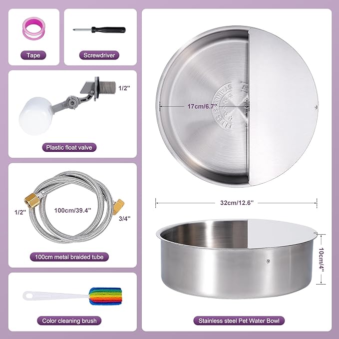 6L Automatic Dog Water Bowl Dispenser Outdoor Stainless Steel Pet Waterer Self Filling Waterer for Large Dog Cat Chicken Duck Goat