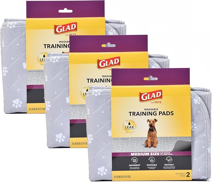 Glad for Pets Washable Training Pads, Medium Size (24”x36”), 6 Pack Gray with Paw Prints| Re-usable Cloth Dog Training Pads with 3 Layers of Leak Protection and No Slip Grip Vinyl Bottom