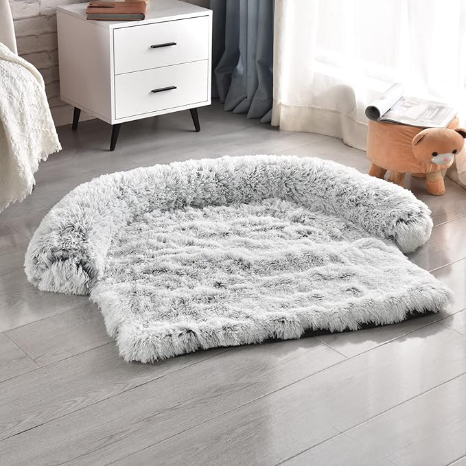 Yapudoo Plush Dog Bed Sofa Cover, Deluxe Plush Soft Pet Couch Protector Pet Beds, Couch Cover for Large Dogs, Removable Washable Anti-Slip Pet Bed with Memory Foam Neck Bolster Silver Gray Large