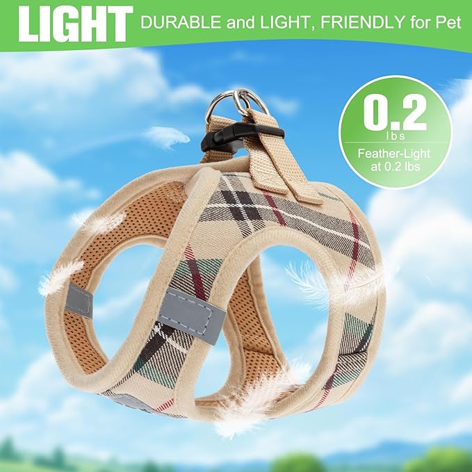 EXPAWLORER Plaid Small Dog Harness and Leash Set with AirTag Holder - Soft Padded Step in Dog Vest Harness Medium Sized Dog, No Pull Reflective Puppy Harness, Collar and Leash for Walking, Khaki M