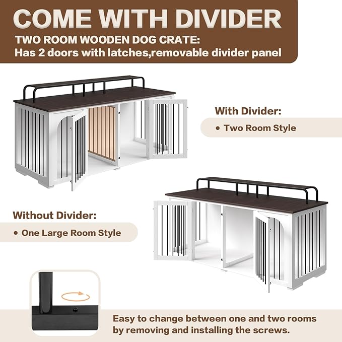 Large Dog Kennel Furniture for 2 Dogs,74.8'' XXL Wooden Double Dog Crates Cage Furniture Style with Divider for Large Breed with Storage Rack Shelf TV Stand Table Indoor,White