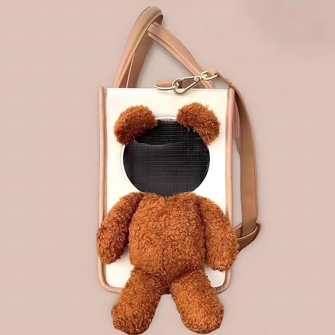 Portable Pet Carrier Bag - One-Shoulder Portable Cute Dog Outing Largecarrier Bag, Cute Bear Face Design with Peekaboo Window, Large Capacity PU Pet Out Shoulder Bag for Small Dogs & Cats (Large)