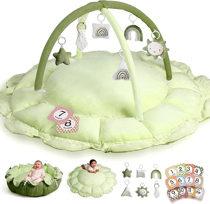 HAN-MM 5-in-1 Convertible Baby Play Gym with 6 Toys, Tummy Time Mat for Sensory Development, Baby Activity Center from Newborn to Toddler, Ball Pit, Soft Plush Pet Mat, Green