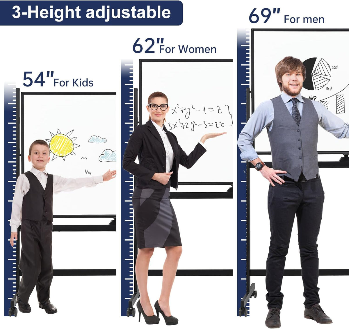 TSJ OFFICE Large Rolling Whiteboard - Dry Erase Magnetic 48 x 32 Inches White Board Height Adjust Double Sides Mobile Portable Easel on Wheels, Dry Erase Board with Stand for Office, Home & Classroom