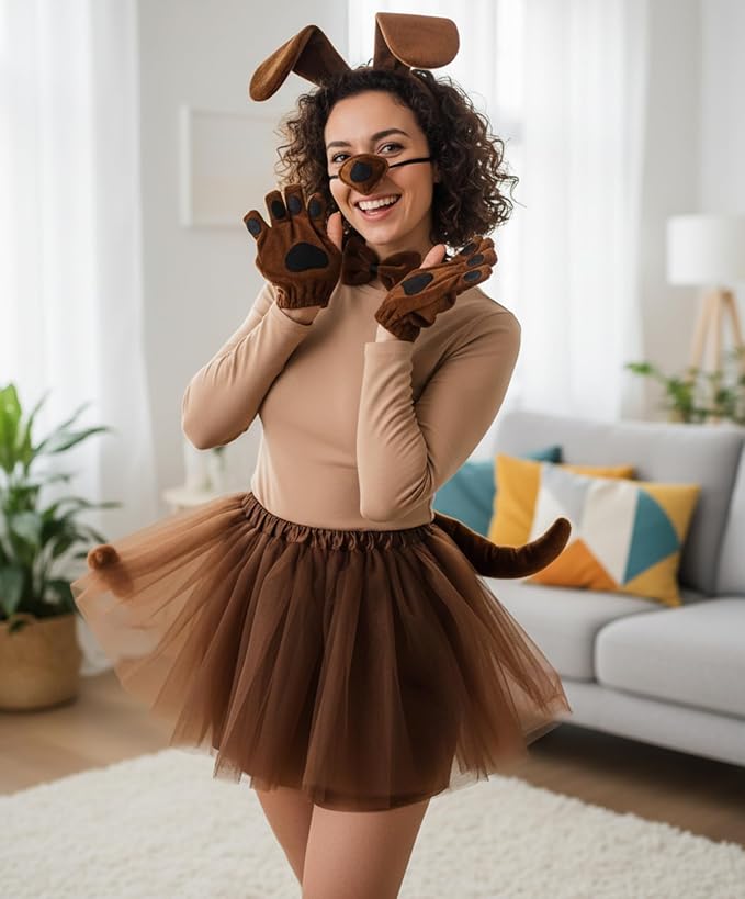 Zhanmai Puppy Dog Tutu Skirt Animal Costume Set Puppy Ears Headband Bow Tie Paw Gloves Tutu Skirt for Carnival Party(Classic Style,Dark Brown)