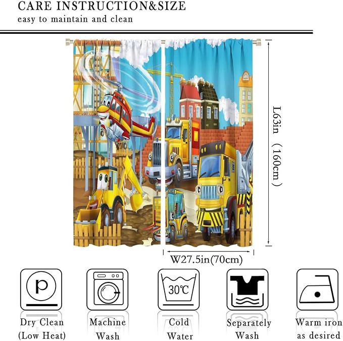 Kids Cartoon Construction Window Curtains, Funny Construction Site Cars and