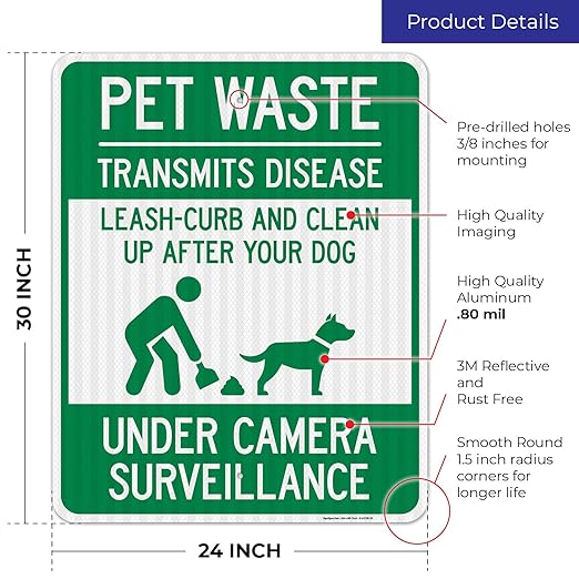 Pet Waste Leash-Curb and Clean Up After Your Dog Under Camera Surveillance Sign, 24x30 Inches, 3M EGP Reflective .080 Aluminum, Fade Resistant, Made in USA